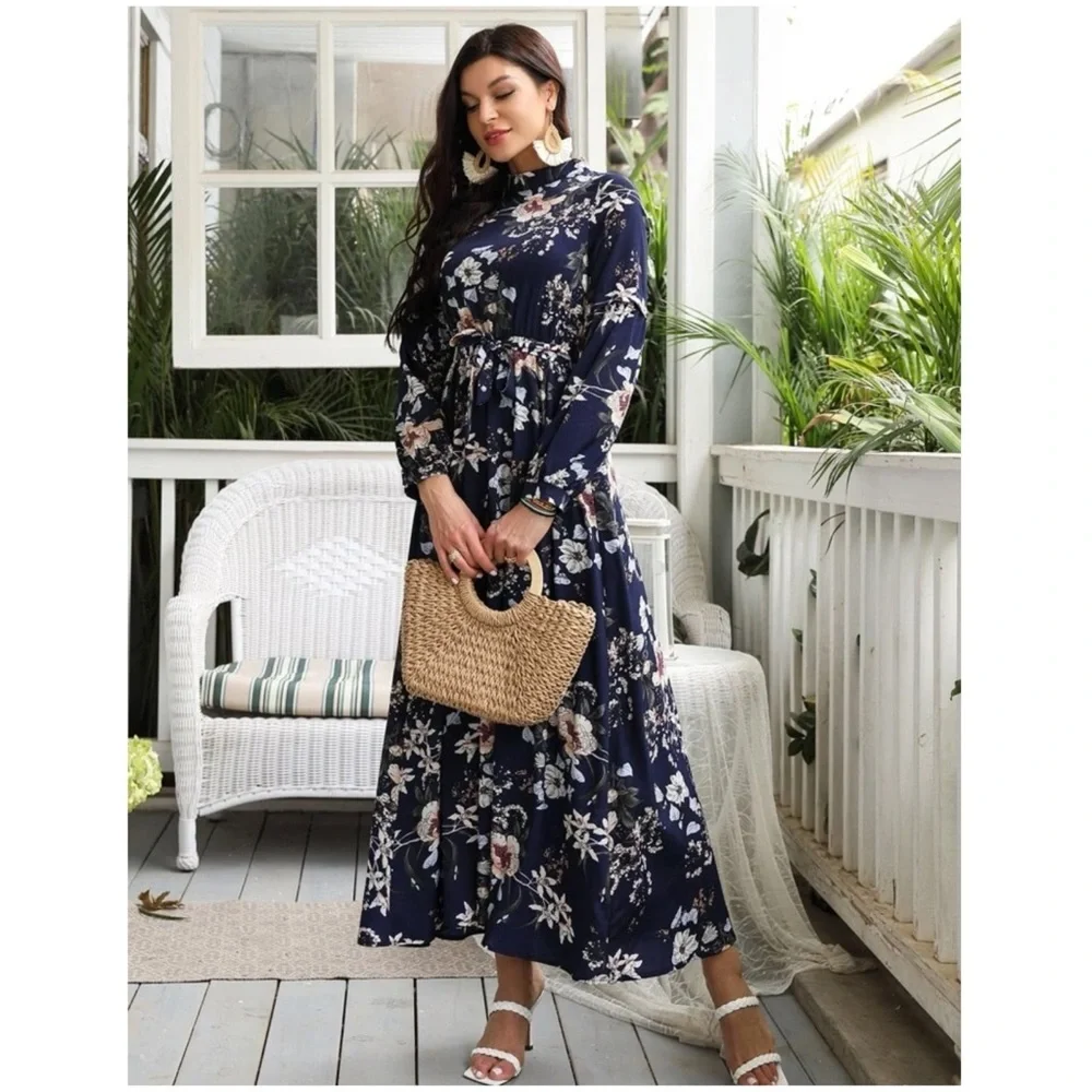 New Allover Floral Print Self-Tie Swing Maxi Dress Navy Blue Size Medium NWOT - Picture 2 of 7